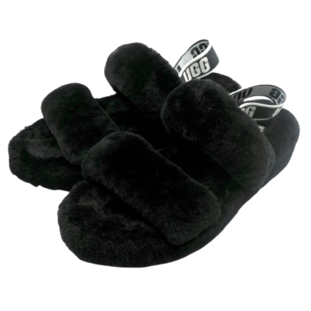 UGG~Fuzz Yeah Slide~WOMENS BLACK SHEARLING SLIPPERS~SIZE 8